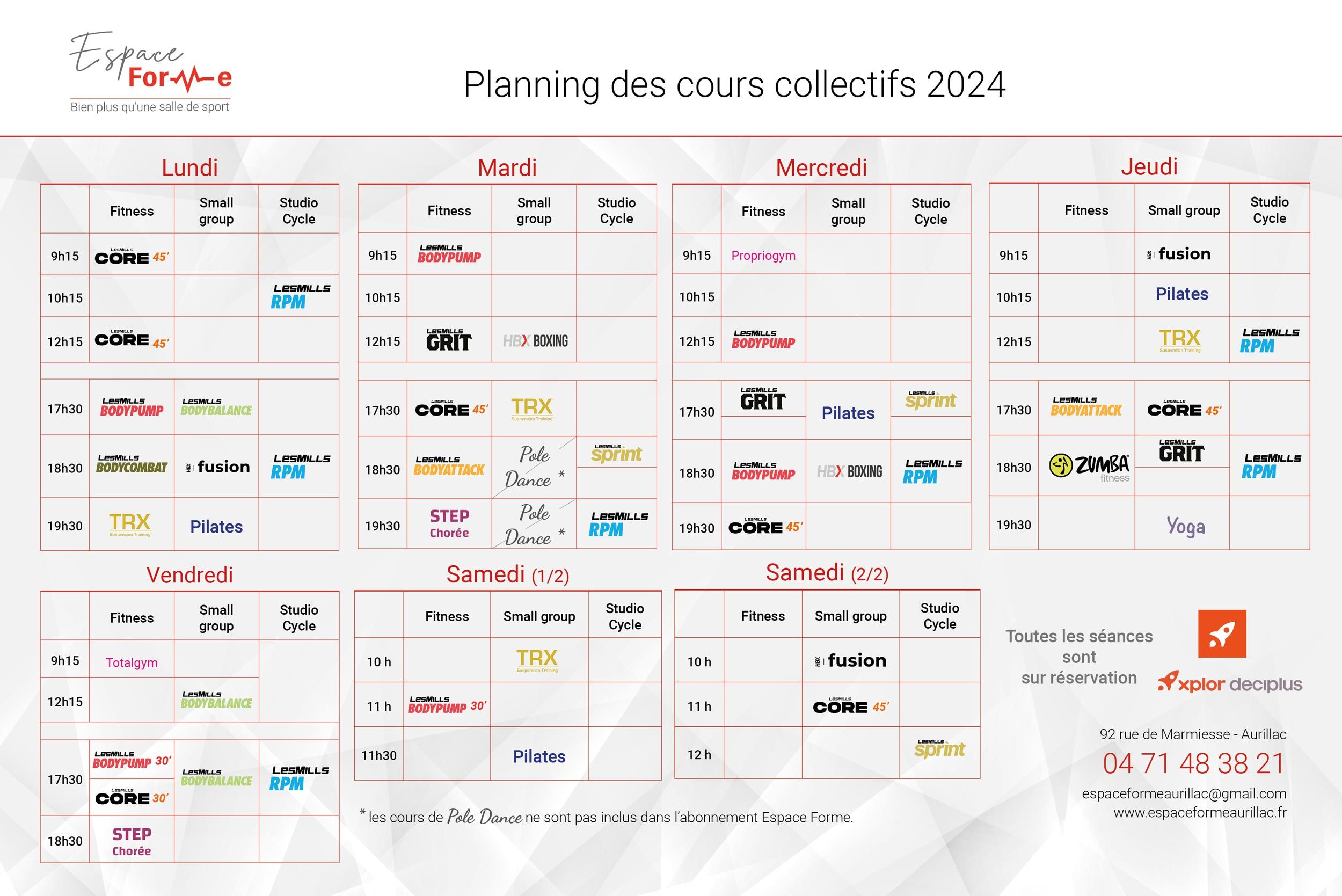 Planning des cours collectifs encadés par des coachs et proposés par la salle de sport Espace Forme Aurillac dans le Cantal depuis janvier 2024