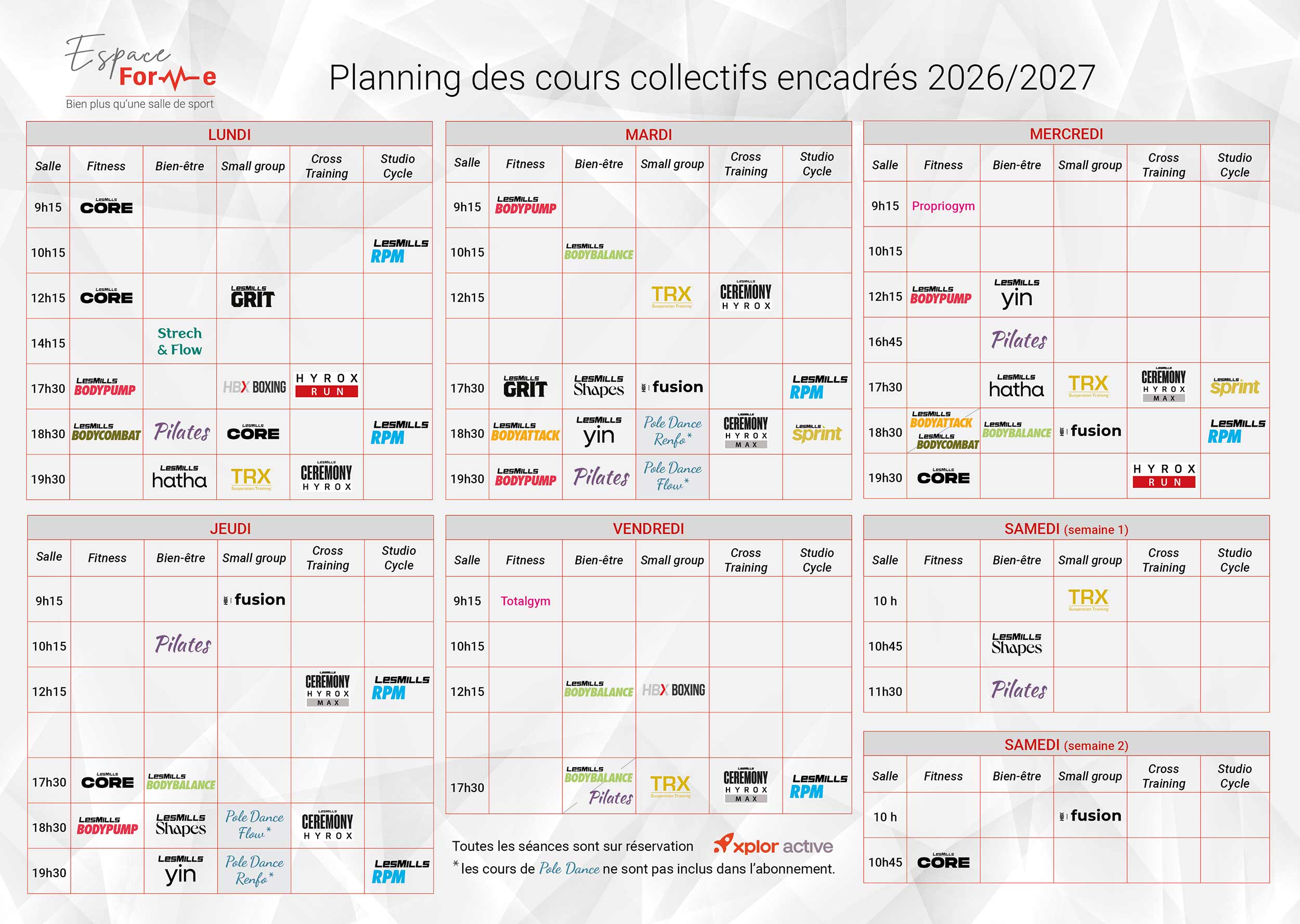 Pilates, Yoga, Body Balance... : planning des cours collectifs de Bien-être encadrés par des coachs diplômés et donnés au sein de la salle de sport et de remise en forme Espace Forme située à Aurillac dans le Cantal.