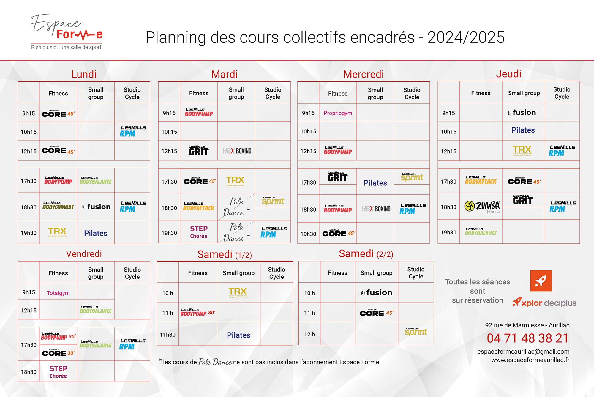 Planning des cours collectifs de fitness encadrés par des coachs diplômés et donnés au sein de la salle de sport et de remise en forme Espace Forme située à Aurillac dans le Cantal.