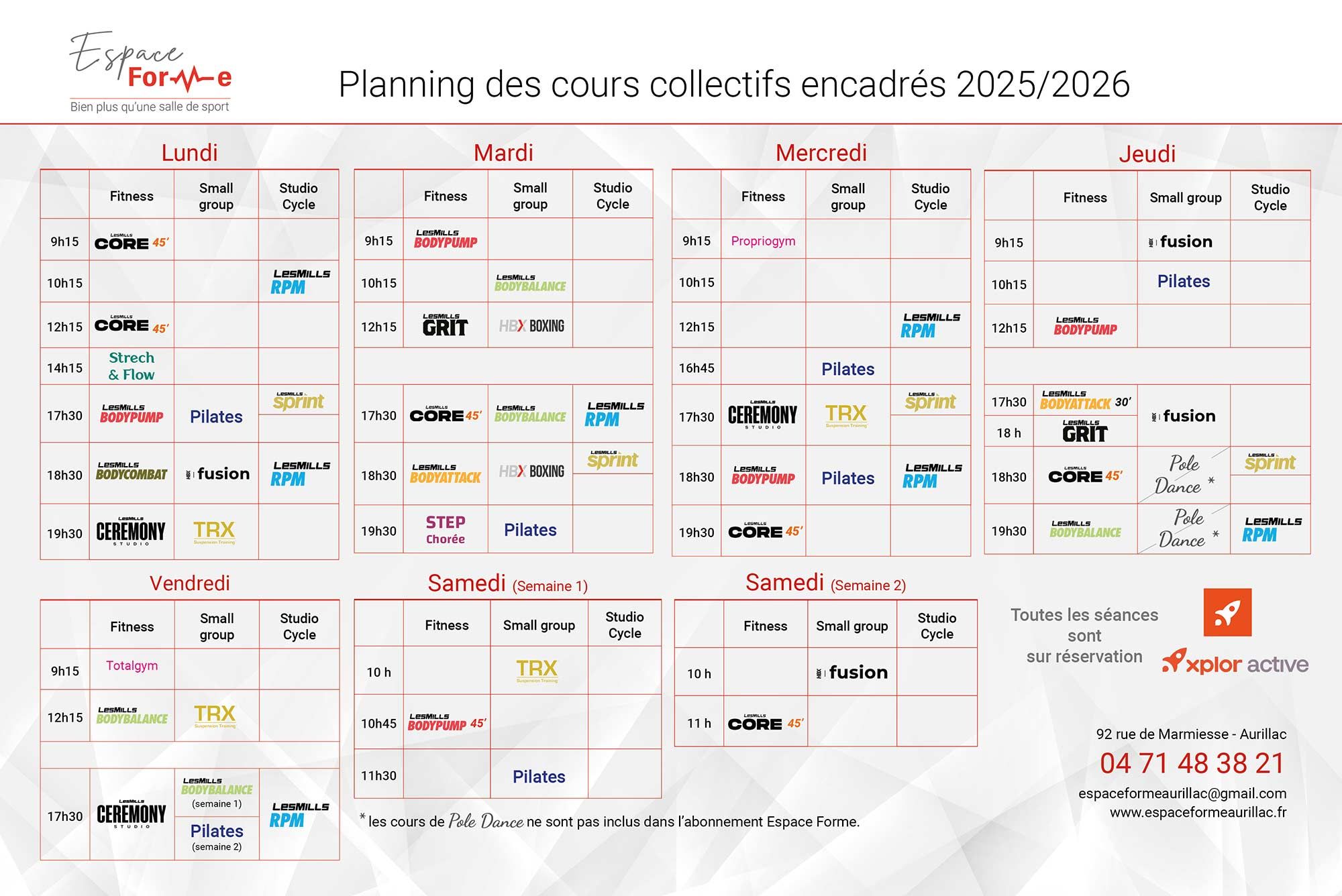 Planning des cours collectifs de fitness encadrés par des coachs diplômés et donnés au sein de la salle de sport et de remise en forme Espace Forme située à Aurillac dans le Cantal.